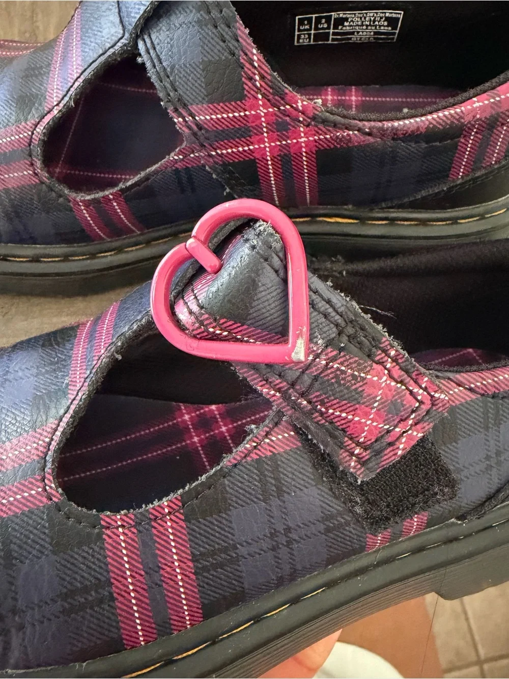 Dr. Martens Black and Pink Plaid Mary Jane Shoes with Heart Buckle